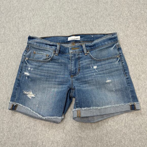 Loft Jeans Short WMNS 25 Mid-Rise Medium Wash Blue Rolled Hem Distressed Denim - Picture 1 of 10